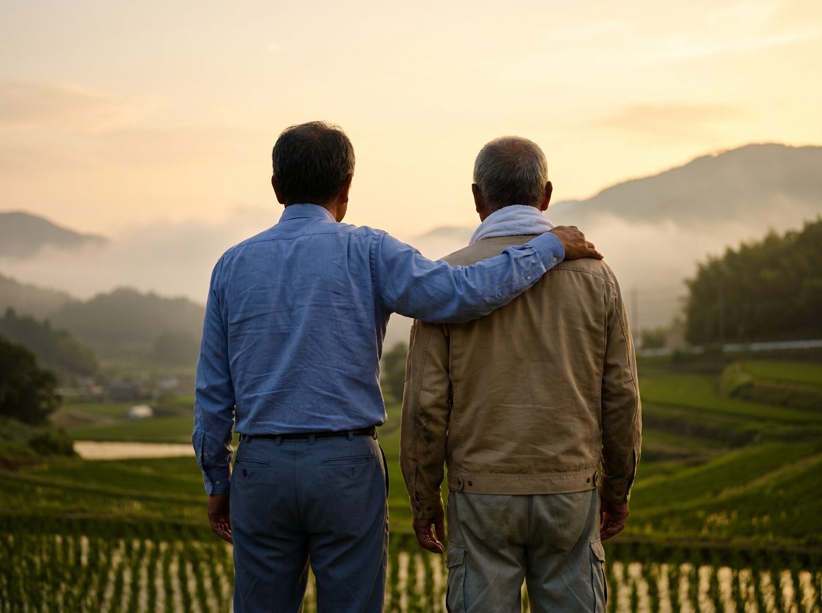夕暮れの畑を見渡す二人の創業者